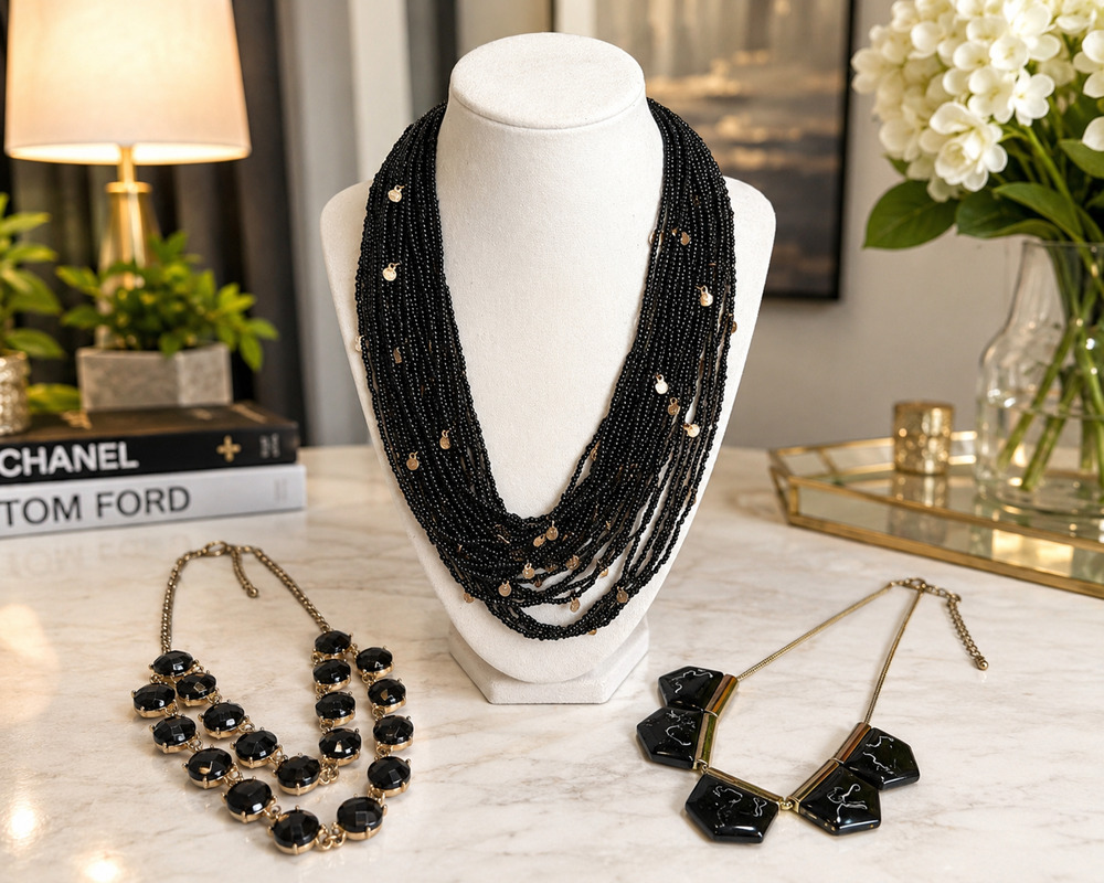 Lot 3 Black Gold Tone Statement Necklaces Time & Tru Charming Charlie Beaded Bib